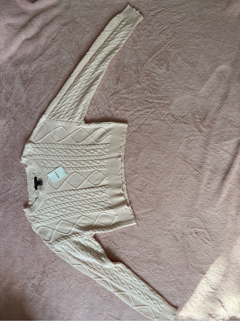 Forever 21 Cream Cable-Knit Cropped Crewneck Sweater